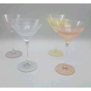 4 Ringed Martini Glasses Spring Colors Pink Purple Blue Yellow